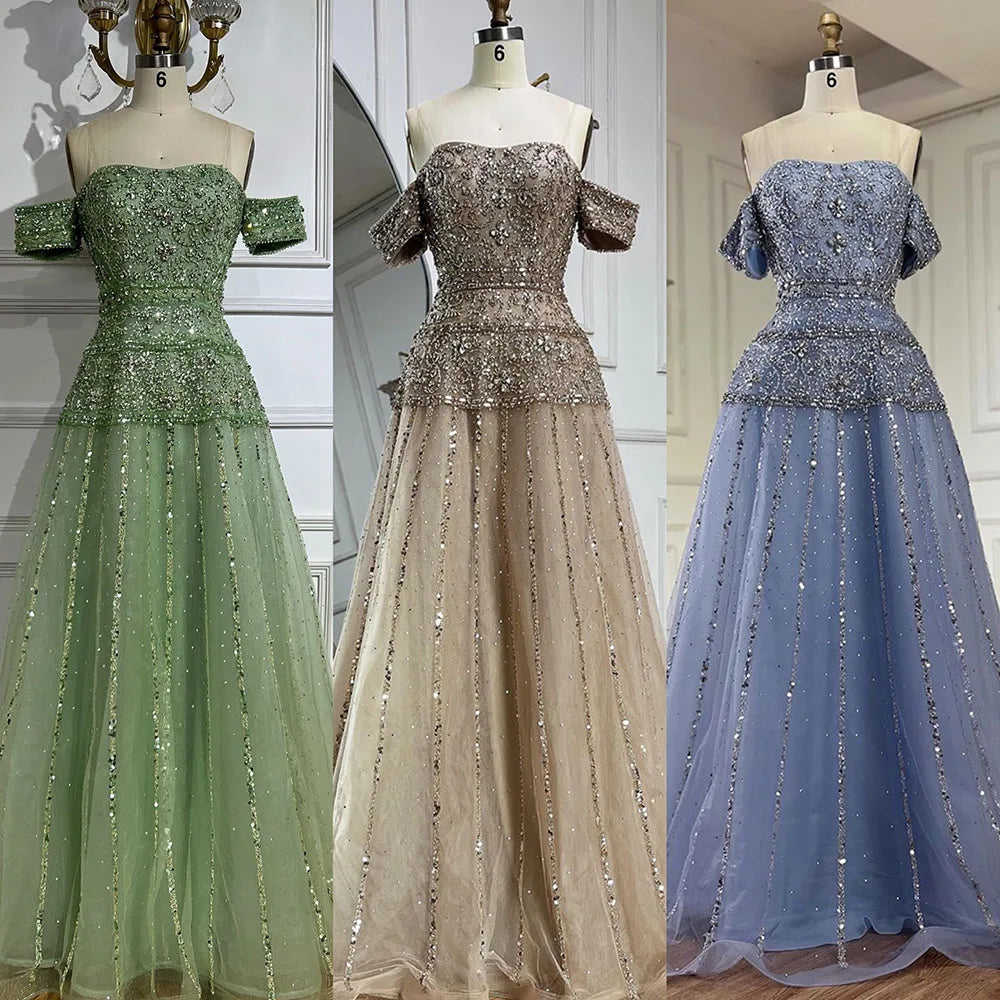 Vestido de noche de lujo color caramelo con hombros descubiertos, corte en A y cuentas, modelo LA72709, para ocasiones formales (2025) 