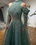 Vestido largo de noche corte A con mangas capa, bordado de plumas y cuentas, estilo árabe turquesa, para mujer, ideal para bodas y fiestas (LA72644)