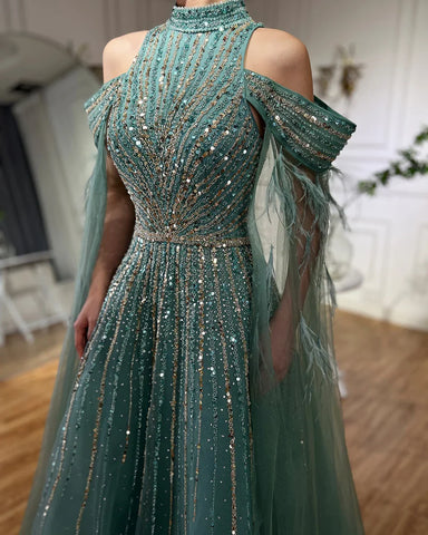 Robe de soirée longue style arabe turquoise, manches cape, coupe trapèze, perles et plumes, pour femme, tenue de mariage, LA72644 