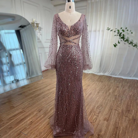 Vestido de noche elegante, elegante, con escote en V, cuentas y apliques de sirena, de lujo, estilo árabe, brillante, para mujer, para fiesta, 2025, LA71784 