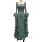 Flared Sleeves Mermaid Turquoise Beaded Feather Luxury Evening Dresses Gowns for Formal Occasion 2025 LA72767