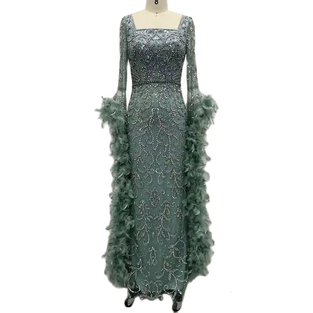 Flared Sleeves Mermaid Turquoise Beaded Feather Luxury Evening Dresses Gowns for Formal Occasion 2025 LA72767