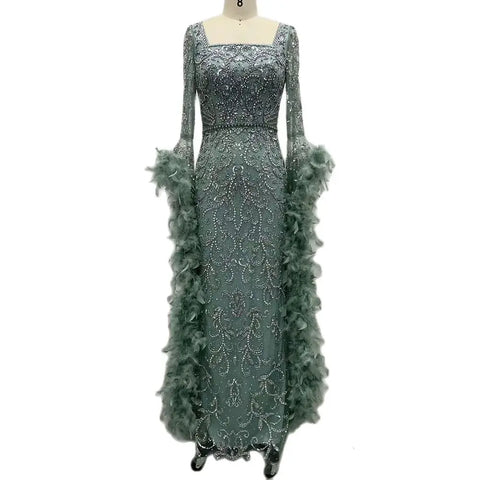 Flared Sleeves Mermaid Turquoise Beaded Feather Luxury Evening Dresses Gowns for Formal Occasion 2025 LA72767
