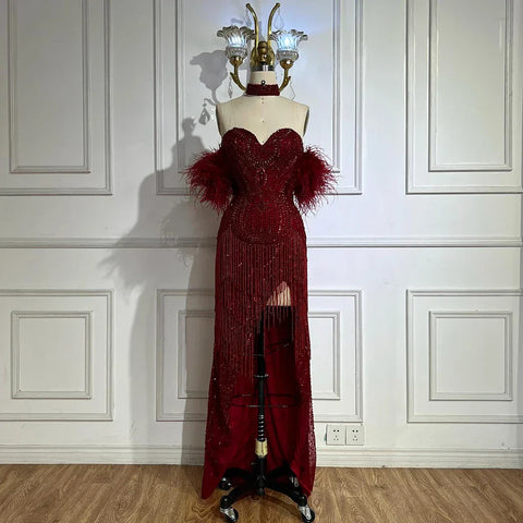 Vestido de noche sexy de sirena, sin tirantes, color nude y plateado, con abertura y borlas de cuentas de lujo para mujer LA72083 