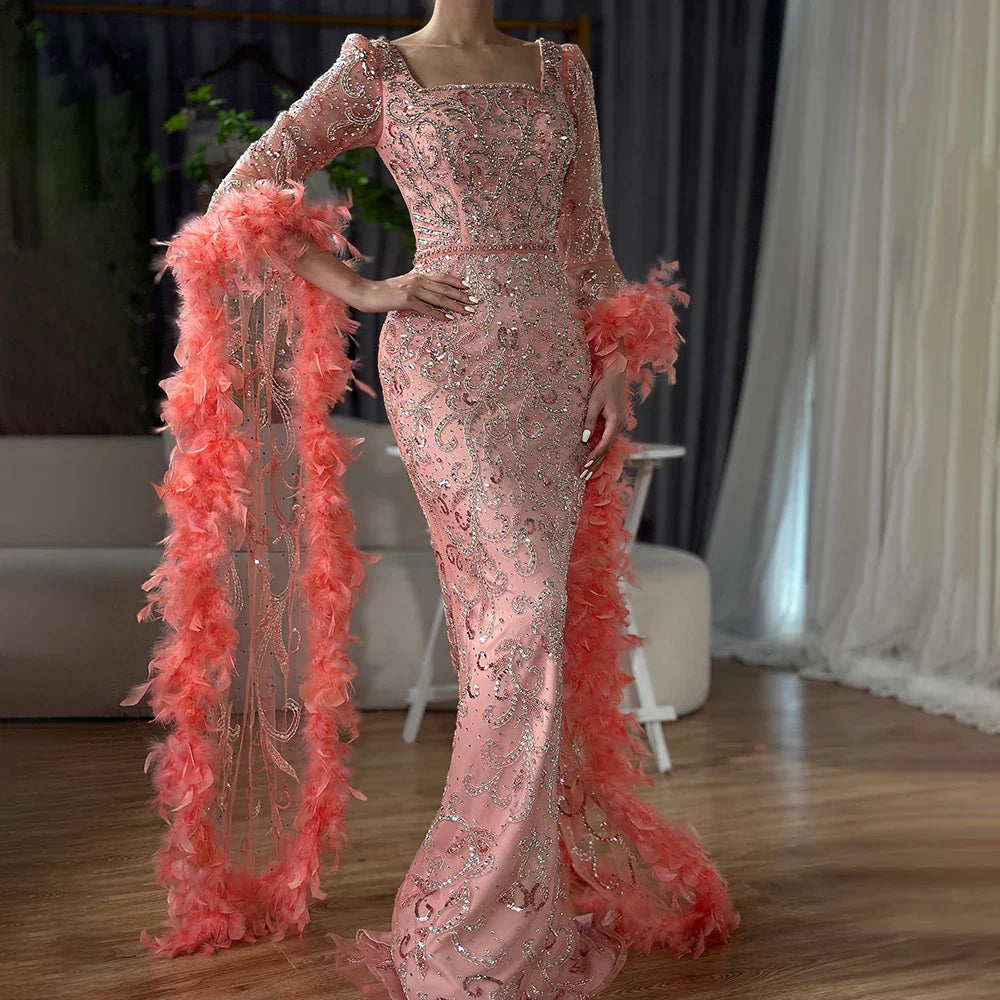 Flared Sleeves Mermaid Turquoise Beaded Feather Luxury Evening Dresses Gowns for Formal Occasion 2025 LA72767