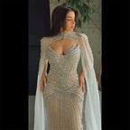 Vestido de noche de sirena color nude con cuentas, estilo saudí, con mangas de capa desmontables para ocasiones formales LA72891 