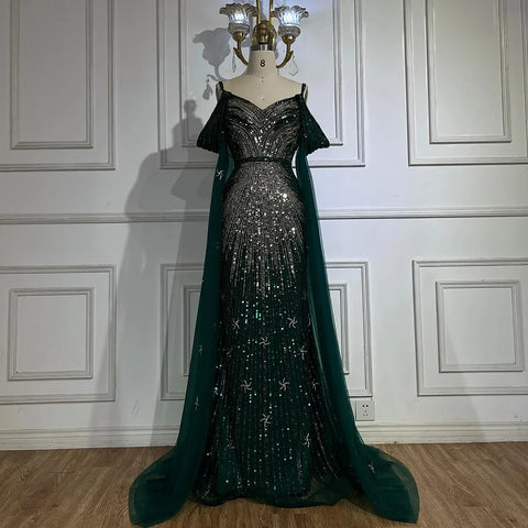 Robe de soirée de luxe sirène bleue à bretelles spaghetti et perles, manches cape, pour une occasion formelle, modèle Saudi LA72707, 2025 
