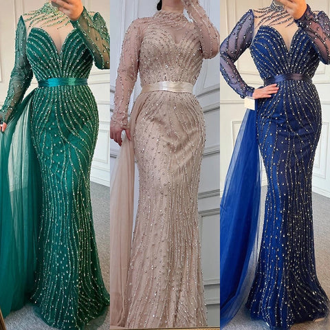 Muslim Ivory With Skirt Mermaid Elegant O Neck Luxury Beaded  Evening Dresses Gowns 2025 For Women Party LA71767
