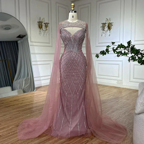 Nude Arabic Beaded Evening Dress Gown with Cape Sleeves LA72814