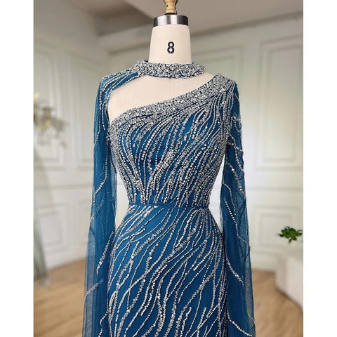 Black Mermaid Elegant Cape Sleeves Beaded Luxury Evening Dresses Gowns For Women Arabic Party 2025 LA72112