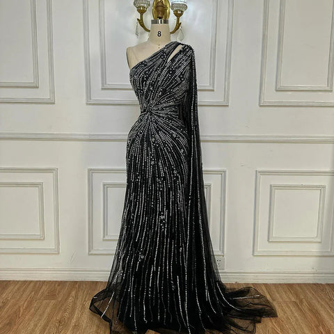 Robe de soirée sirène noire saoudienne à une épaule et fente haute, avec perles, pour une occasion formelle, LA72829, 2025 