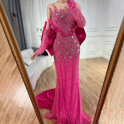 Fuchsia Elegant Mermaid Pearls Beaded Evening Dresses 2025 Luxury Dubai Formal Gowns for Women Party 2025 LA72263