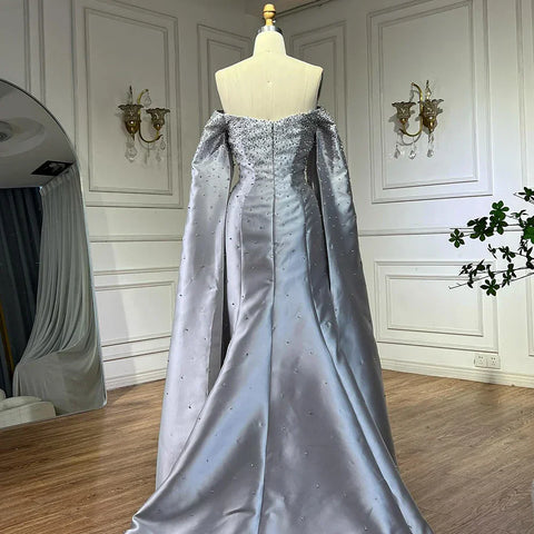 2025 Luxury Off Shoulder A Line Gray Satin Evening Gown Pearl Beaded for Formal Occasion LA72779