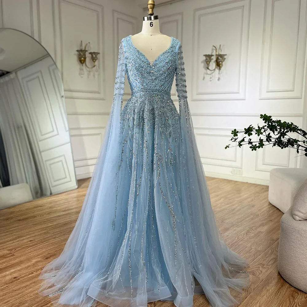 Vestidos de noche largos, elegantes, de corte A, color caramelo árabe, con cuentas y mangas tipo capa para ocasiones formales LA72750 