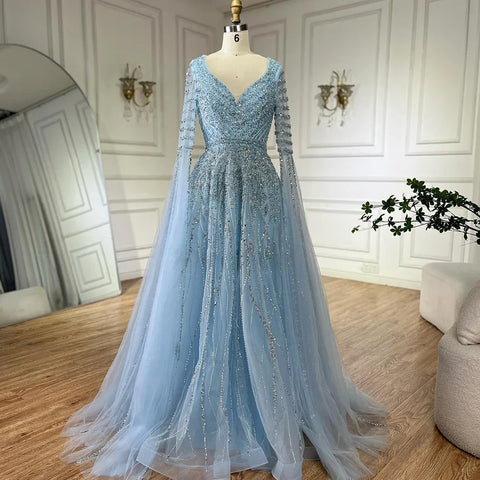 Robe de soirée longue élégante style trapèze, couleur caramel, avec perles et manches cape, pour une occasion spéciale, LA72750 