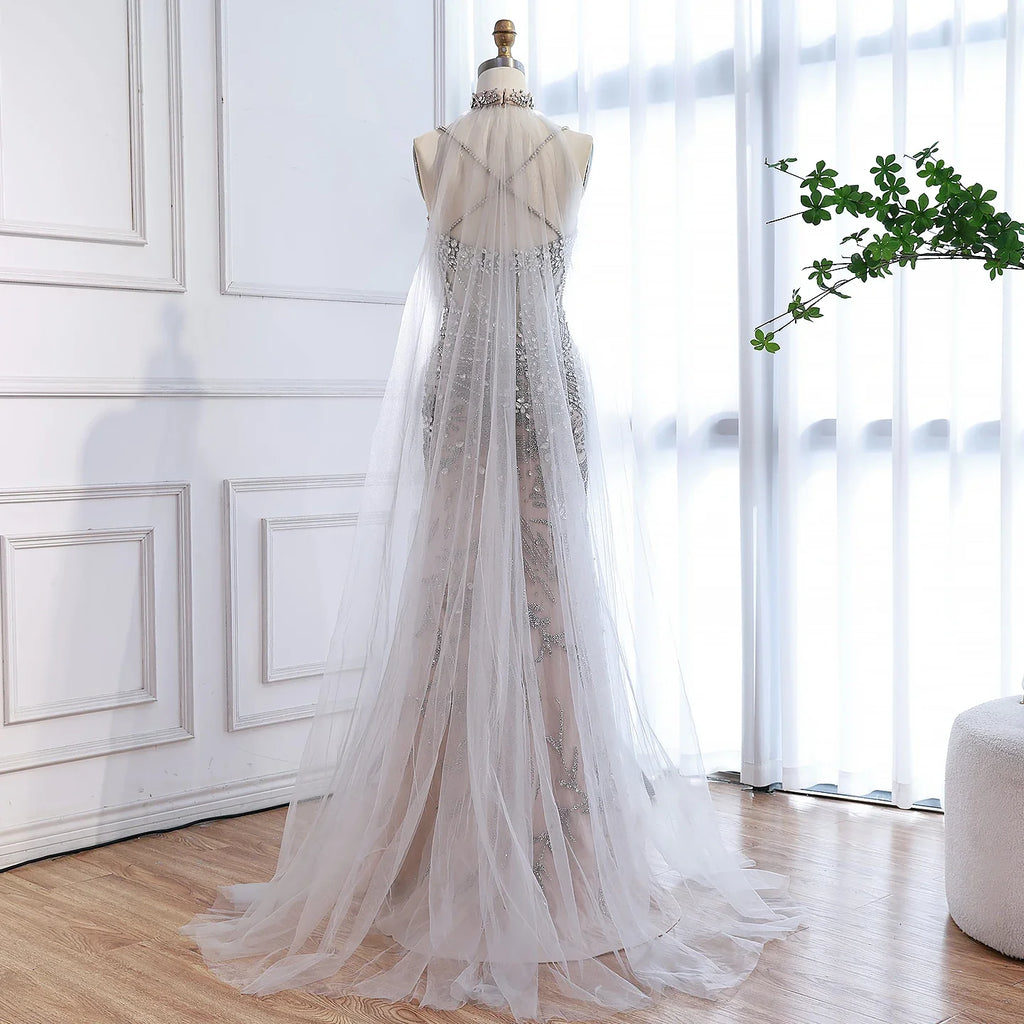 Luxury Evening Dress Grey Beaded With Cape LA73342