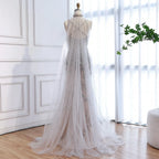 Luxury Evening Dress Grey Beaded With Cape LA73342