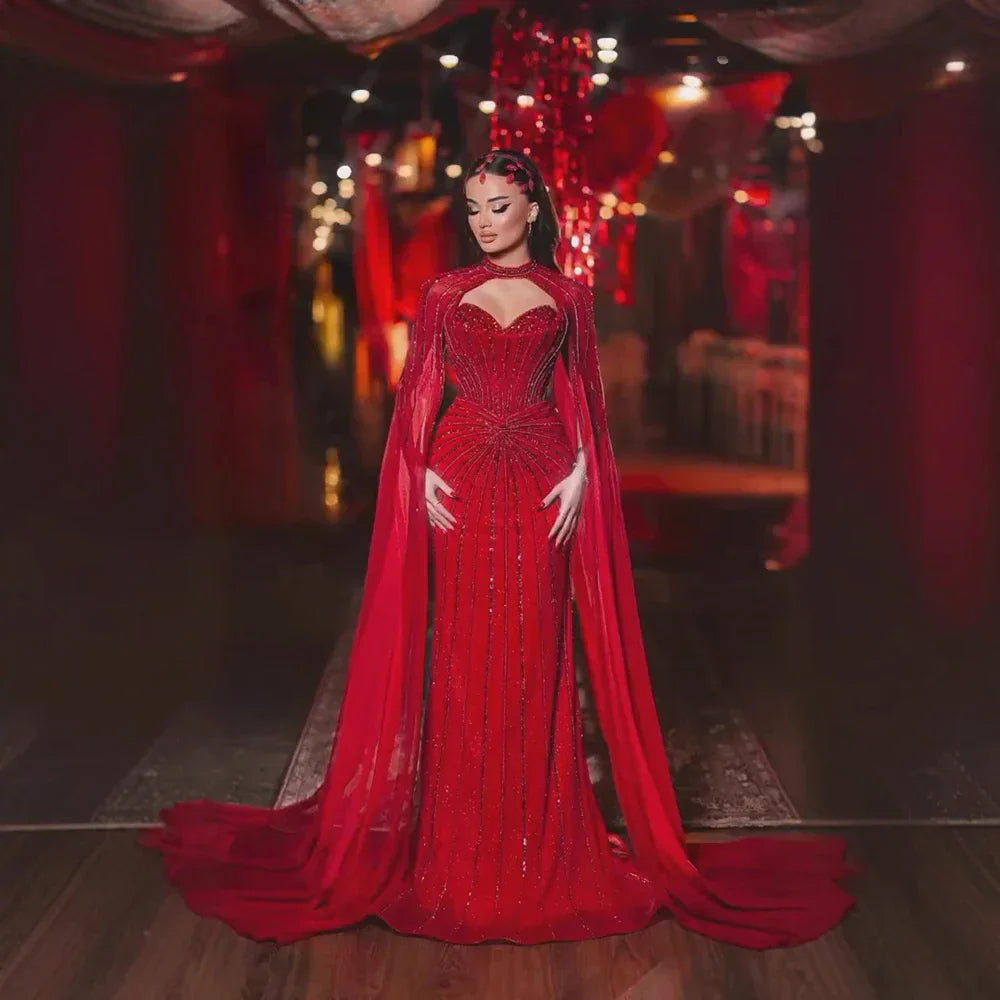 Red Luxury Beaded Mermaid Evening Gown with Cape Sleeves LA72811A