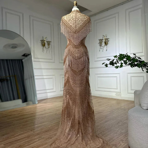 Vestidos de noche de lujo de sirena gris, mangas cortas, cuentas y borlas, sexys para mujer, fiesta 2025 LA70529 