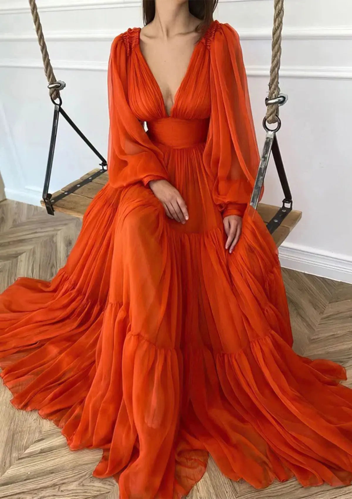 Vestido de fiesta largo de gasa rojo árabe, corte en A, manga larga y pliegues, estilo línea A, para mujer, modelo LA72688 