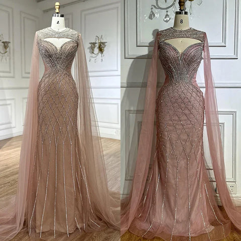 Nude Arabic Beaded Evening Dress Gown with Cape Sleeves LA72814