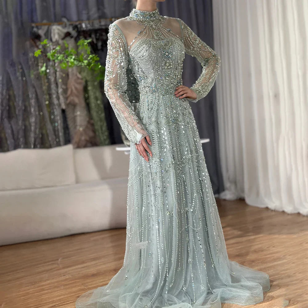 Vestidos de noche de lujo árabes de corte A, encaje azul y cuentas, para mujer, ideales para fiestas en Dubái (LA72704) 