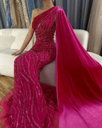 Blue Mermaid One Shoulder Elegant Cape Sleeve Beaded Luxury Evening Dresses Gowns For Women Party 2025 LA72323