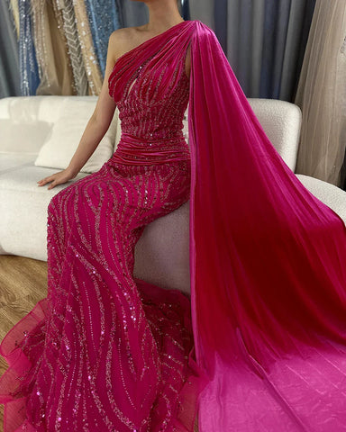 Blue Mermaid One Shoulder Elegant Cape Sleeve Beaded Luxury Evening Dresses Gowns For Women Party 2025 LA72323