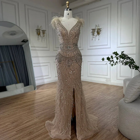 Robe de soirée longue style sirène, élégante et fendue, bleu arabe, avec perles et plumes, pour une occasion formelle, LA72742, 2025 