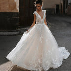 Deep V-neck Wedding Dresses Sexy Open Back Vestidos De Novia Cap Sleeve Appliques Vestido De Noiva