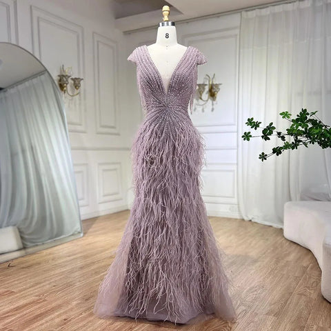 Vestido de noche de sirena marrón, elegante y lujoso, con cuentas y plumas LA70801 