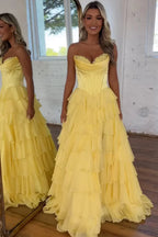 Cathy Strapless Tiered Ruffles A-line Prom Dress A-line Side Split vestidos de noiva Customized Zip Back Chiffon Evening Gown