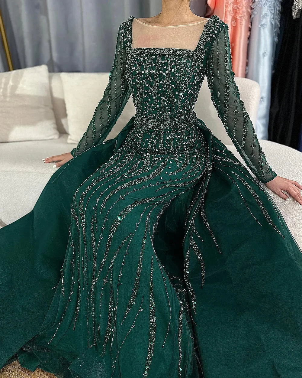 Vestidos de noche de sirena con sobrefalda, color verde árabe, bordados con cuentas, vestidos de lujo para ocasiones formales 2025 LA72710 