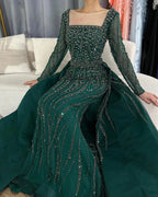 Vestidos de noche de sirena con sobrefalda, color verde árabe, bordados con cuentas, vestidos de lujo para ocasiones formales 2025 LA72710 