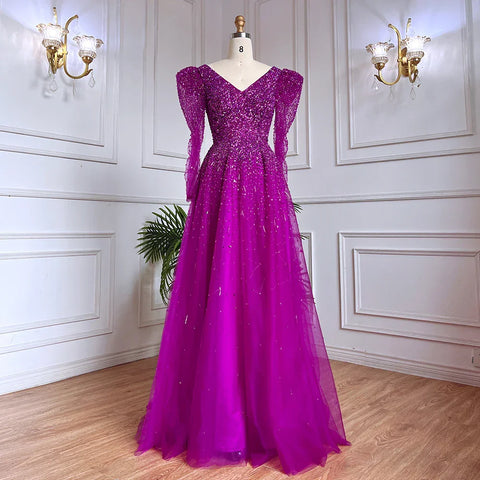 Robe de soirée élégante verte style sirène ornée de perles et manches longues LA71762 