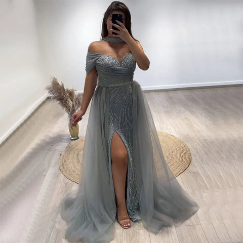 Robe de soirée sirène sexy à une épaule et perles, style arabe turquoise, fendue sur le côté, pour femme, LA72203, 2025 