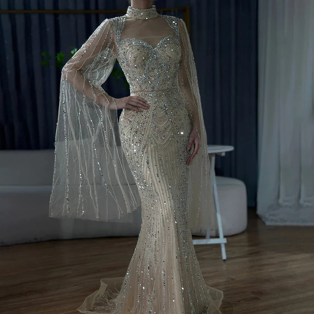 Vestidos de noche de lujo estilo sirena con escote corazón y cuentas, color nude, para mujer, estilo Dubai, 2025, LA72560 