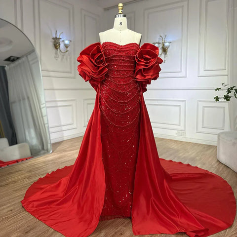 Red Long Cape Pearls Beaded Mermaid Evening Dresses Gowns For Formal Occasion 2025 LA72585A