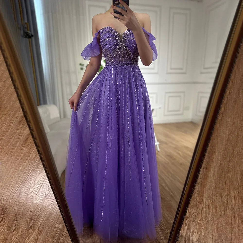 Arabic Elegant Peach Beaded A-Line Evening Gown 2025 Boat Neck Luxury Dress for Women Long Party Dress LA72324