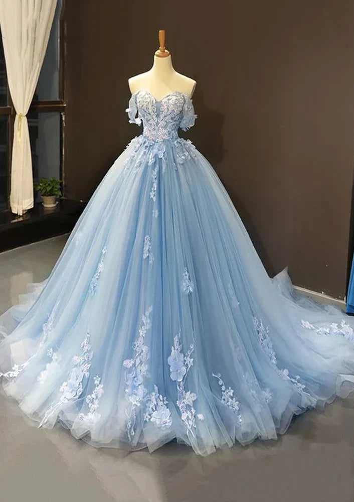 Vestido de gala azul árabe 2025, con hombros descubiertos, de tul y apliques, para fiesta de mujer LA72679 