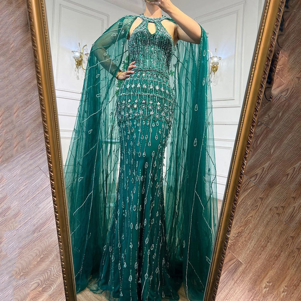 Luxury Dubai Mermaid Fuchsia Evening Dresses with Cape Sleeves LA71817