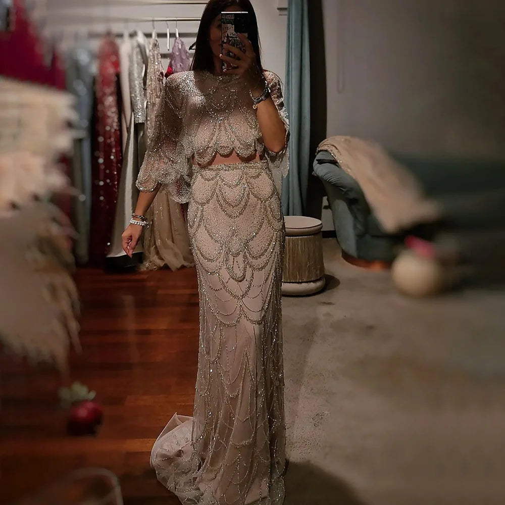 Luxury Beaded Nude Two Pieces Evening Dress LA72462