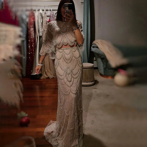 Robe de soirée deux pièces de luxe couleur chair ornée de perles LA72462