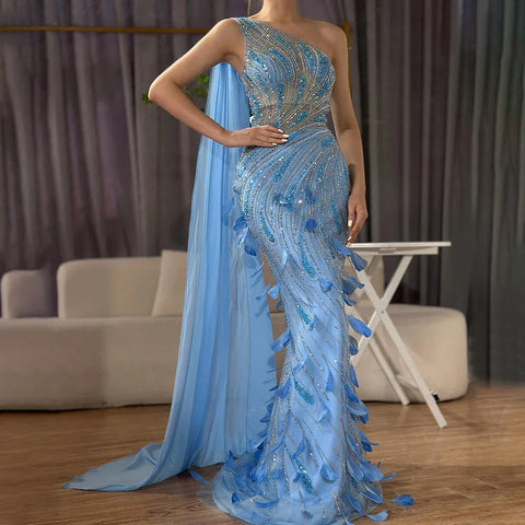 Robe de soirée de luxe verte style arabe, asymétrique, avec plumes et perles, avec cape latérale et châle, pour soirée féminine, LA72698, 2025 