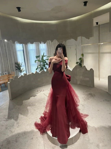 Mermaid Off Shoulder Evening Dress with Bow Burgundy Prom Dress Y7181