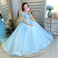 Vestido de gala azul claro de lujo, estilo princesa, con hombros descubiertos Y309