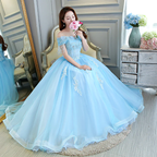 Vestido de gala azul claro de lujo, estilo princesa, con hombros descubiertos Y309