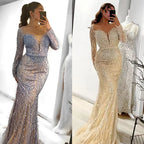 Luxury Dubai White Nude Mermaid Evening Dresses Long Sleeve LA72634
