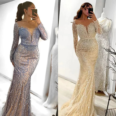 Luxury Dubai White Nude Mermaid Evening Dresses Long Sleeve LA72634