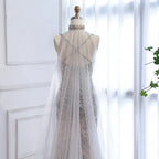 Luxury Evening Dress Grey Beaded With Cape LA73342